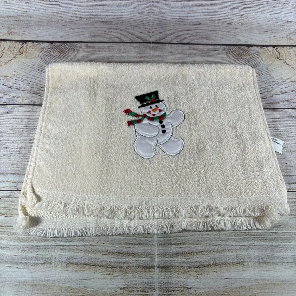 Vintage Christmas Hand Towels Lot 3 Embroidered Fringe Snowman Sleigh 11x16